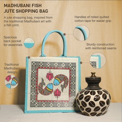 Jute Cottage Madhubani Fish Shopping Zipper bag 14x14x8 - B-307